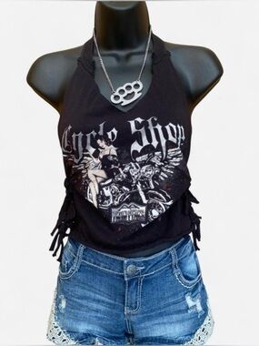 Upcycled Y2k Grunge Twin Peaks Cycle Shop Biker Babe Halter Top with Fringe Side